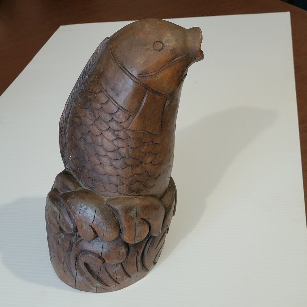 Antique Vintage Asian Oriental Bamboo Wood Curved Fish. Hand carved